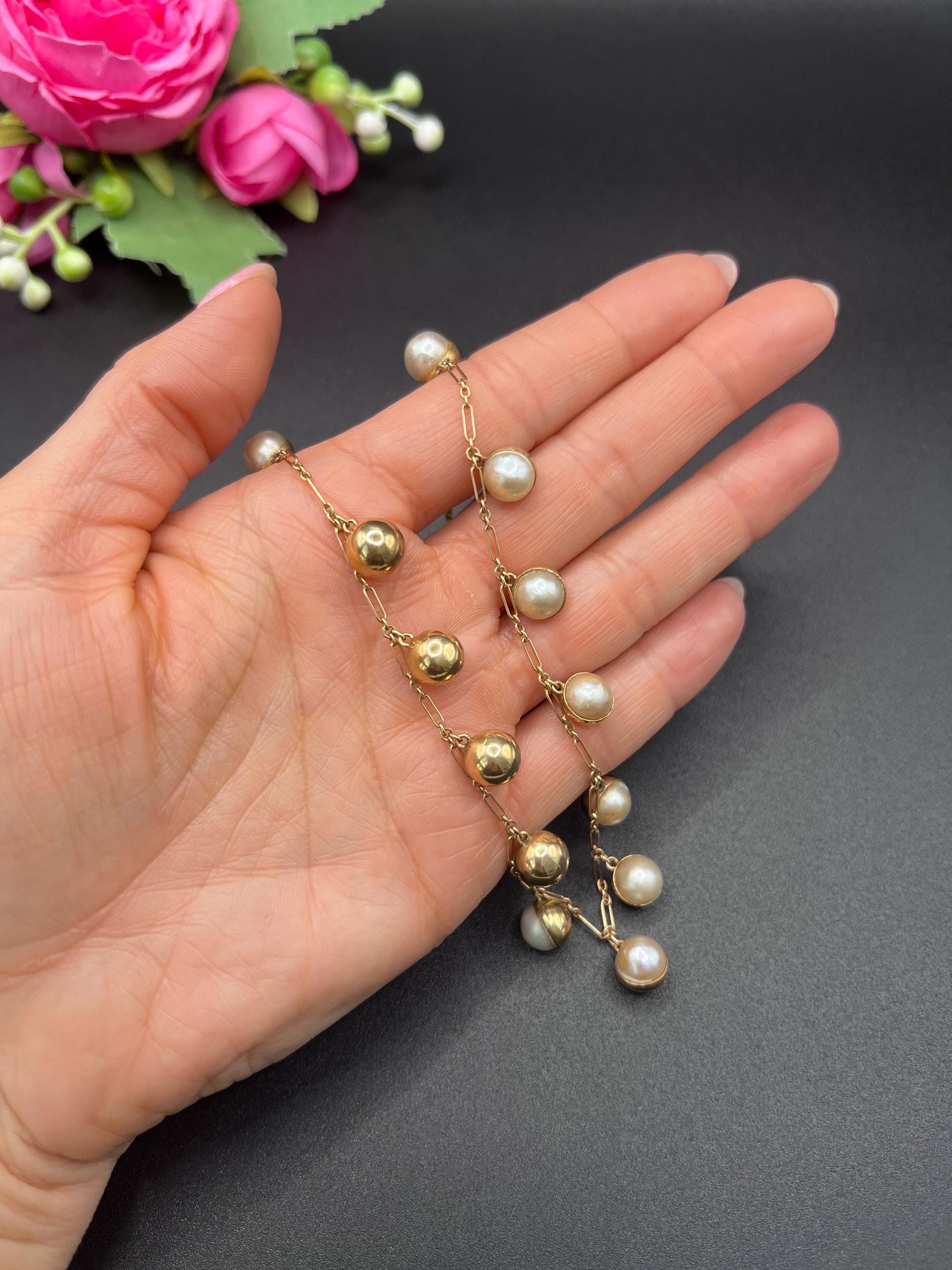 Vintage 14ct Gold Stamped, 1970s Pearl Gold Ball Collar Necklace