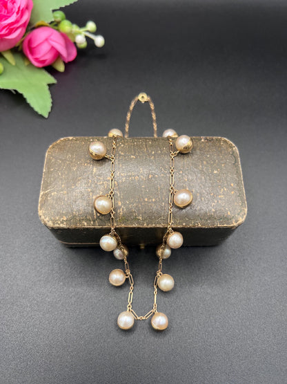 Vintage 14ct Gold Stamped, 1970s Pearl Gold Ball Collar Necklace