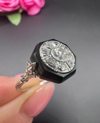 Antique Platinum, 1920s Art Deco Octagonal Onyx and Diamond Ring