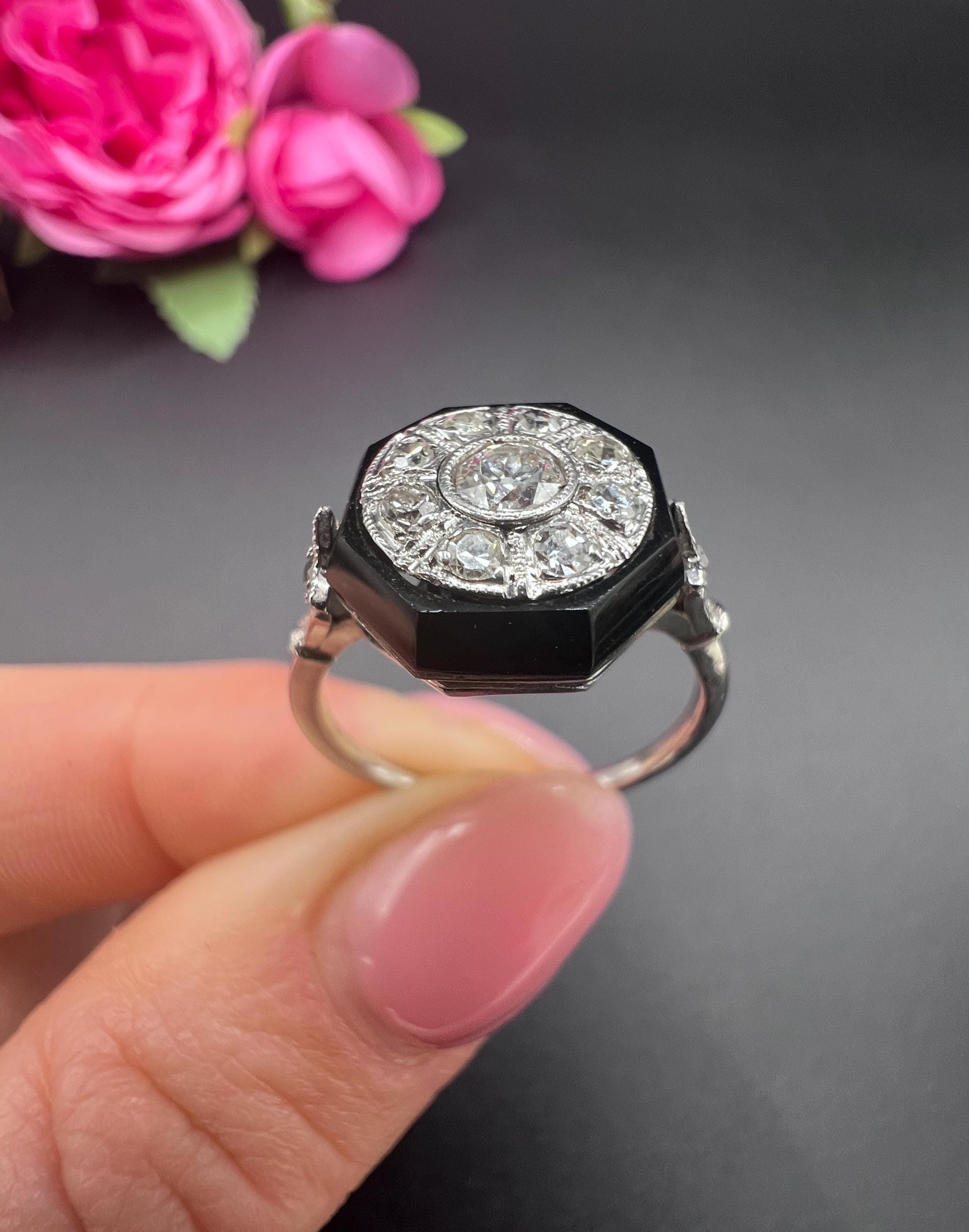 Antique Platinum, 1920s Art Deco Octagonal Onyx and Diamond Ring