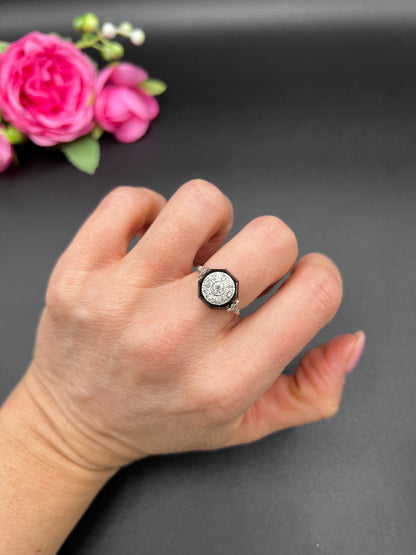 Antique Platinum, 1920s Art Deco Octagonal Onyx and Diamond Ring