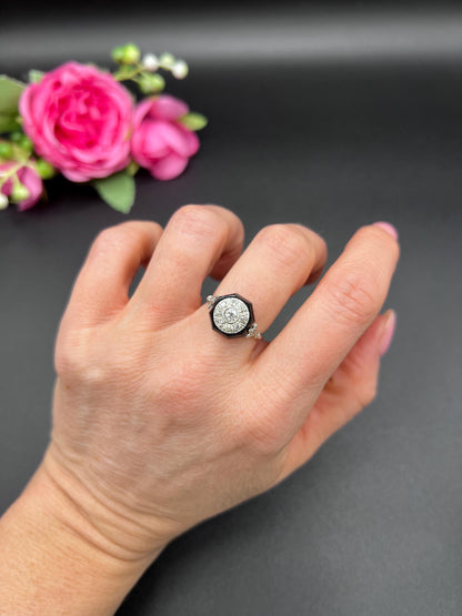 Antique Platinum, 1920s Art Deco Octagonal Onyx and Diamond Ring