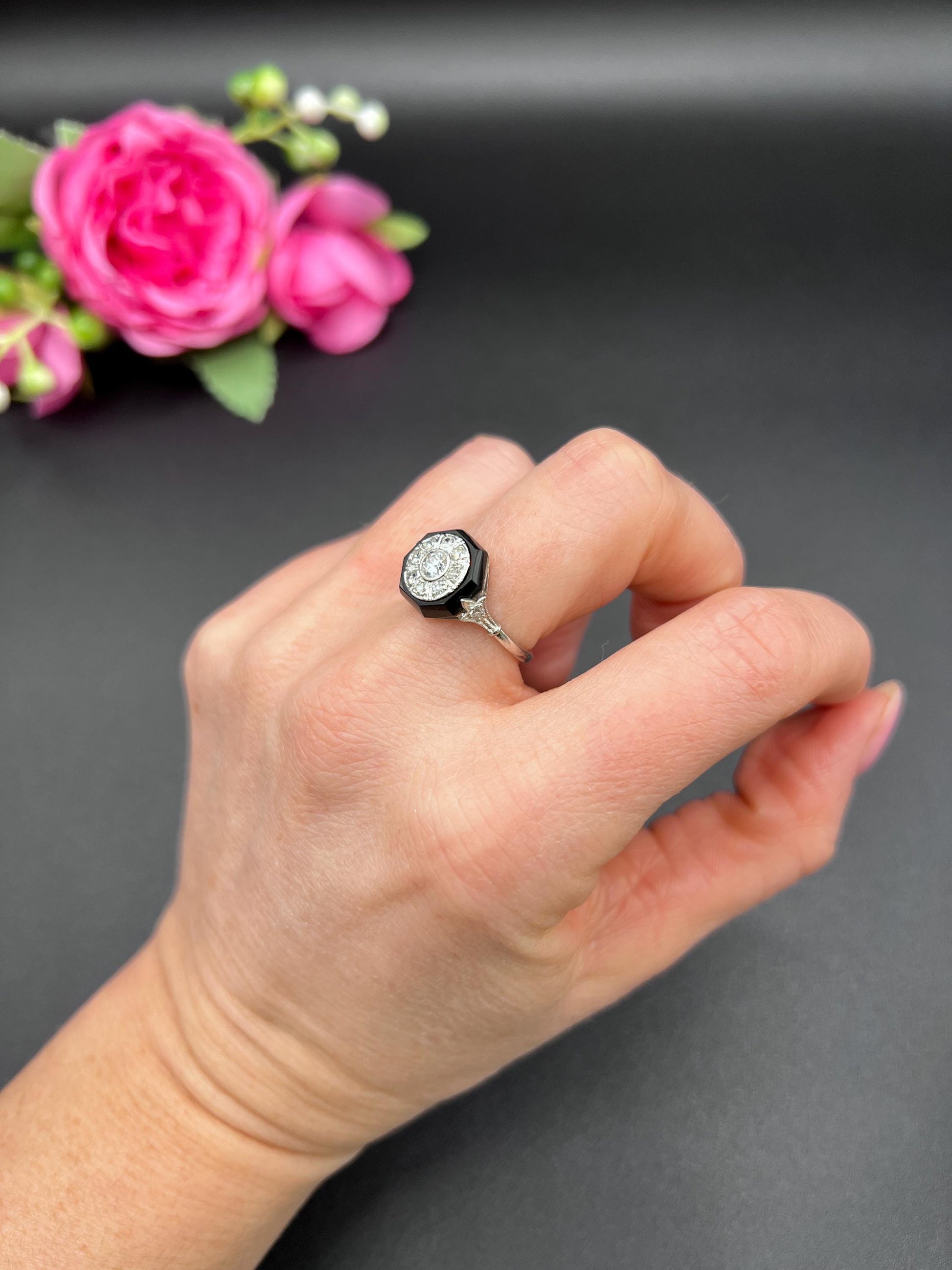 Antique Platinum, 1920s Art Deco Octagonal Onyx and Diamond Ring