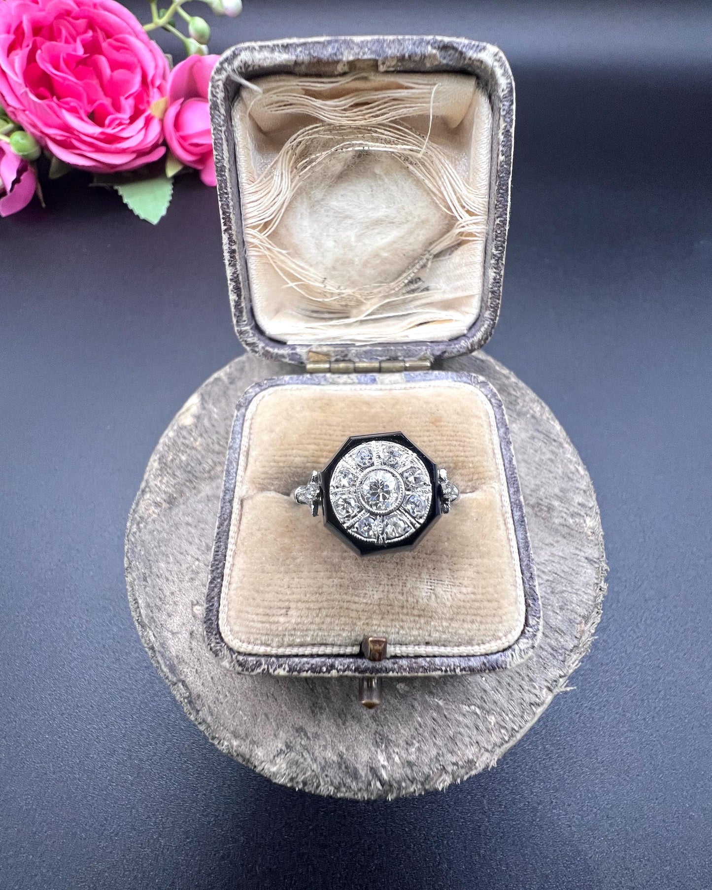 Antique Platinum, 1920s Art Deco Octagonal Onyx and Diamond Ring