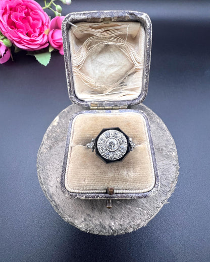 Antique Platinum, 1920s Art Deco Octagonal Onyx and Diamond Ring