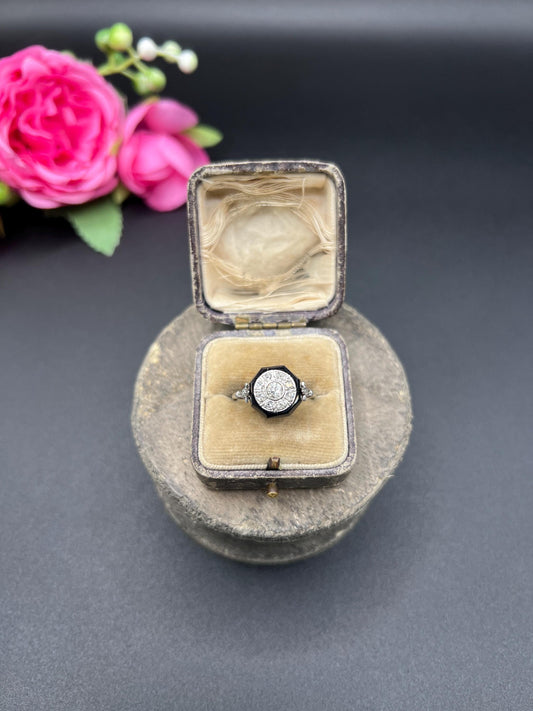 Antique Platinum, 1920s Art Deco Octagonal Onyx and Diamond Ring