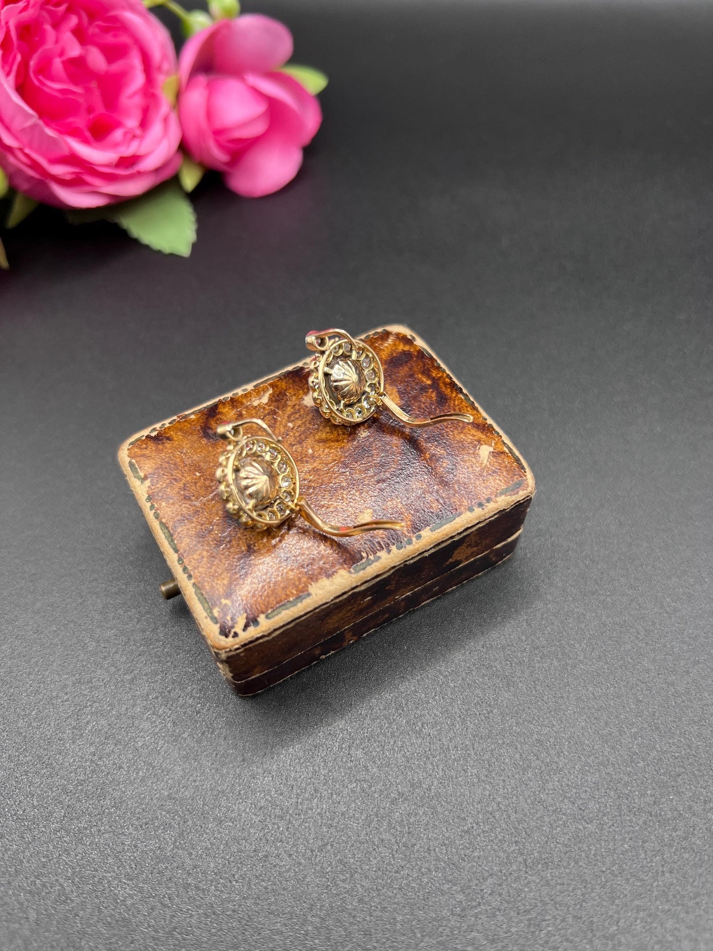 A pair of yellow gold pearl and old cut diamond floral cluster earrings
