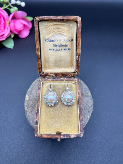 A pair of pearl and old cut diamond floral cluster earrings, in an antique box