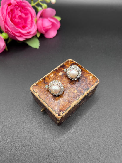 A pair of pearl and old cut diamond floral cluster earrings