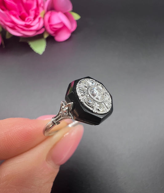 Antique Platinum, 1920s Art Deco Octagonal Onyx and Diamond Ring