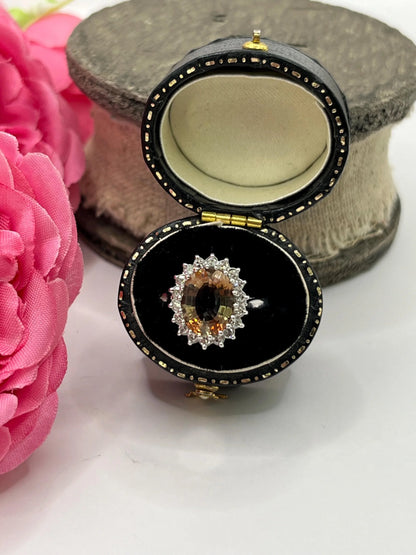 Vintage 18 Carat White Gold Bi-Colour Tourmaline and Diamond Cluster Ring, Circa 1980