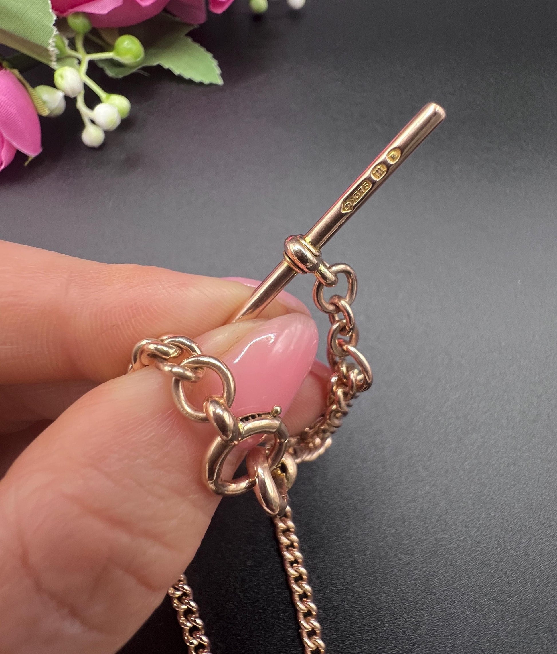 Antique 9ct Rose Gold Albert Chain: Curb Link Necklace, Hallmarked London 1927