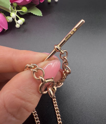 Antique 9ct Rose Gold Albert Chain: Curb Link Necklace, Hallmarked London 1927