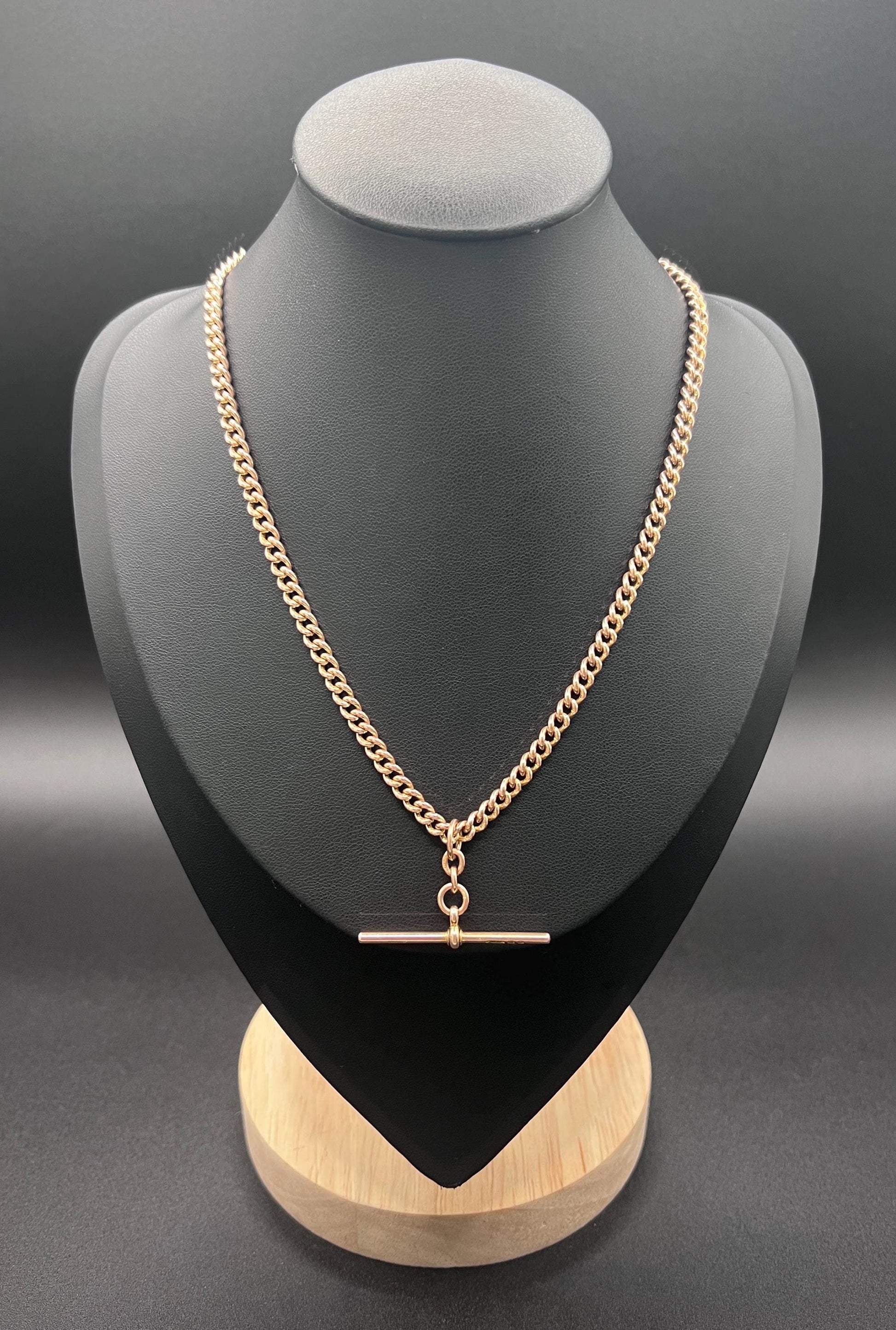 Antique 9ct Rose Gold Albert Chain: Curb Link Necklace, Hallmarked London 1927