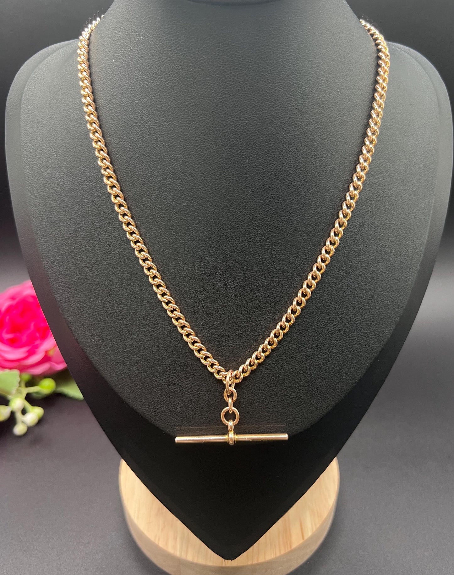 Antique 9ct Rose Gold Albert Chain: Curb Link Necklace, Hallmarked London 1927
