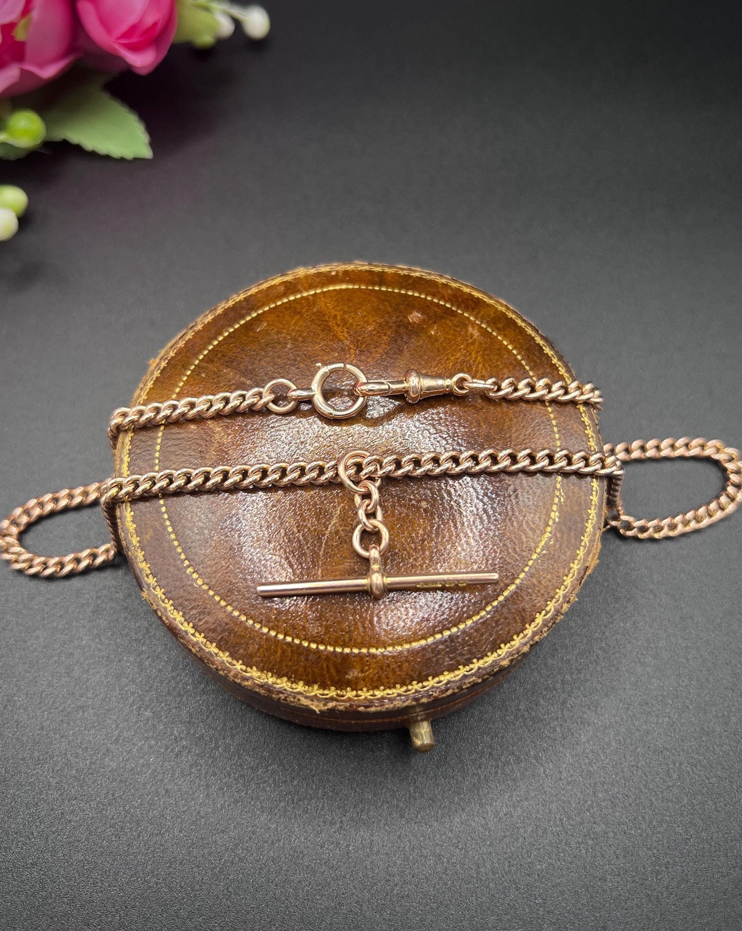 Antique 9ct Rose Gold Albert Chain: Curb Link Necklace, Hallmarked London 1927