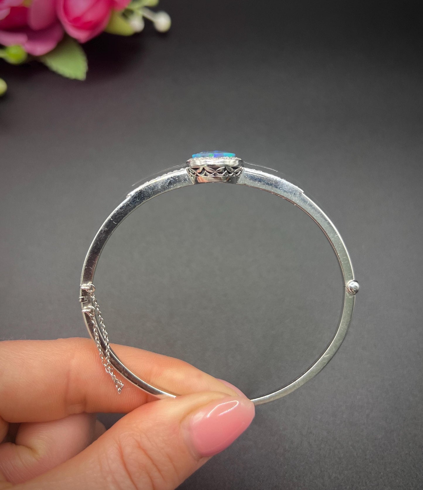 Art Deco Black Opal and Diamond Cluster Bangle Bracelet, Antique Vintage