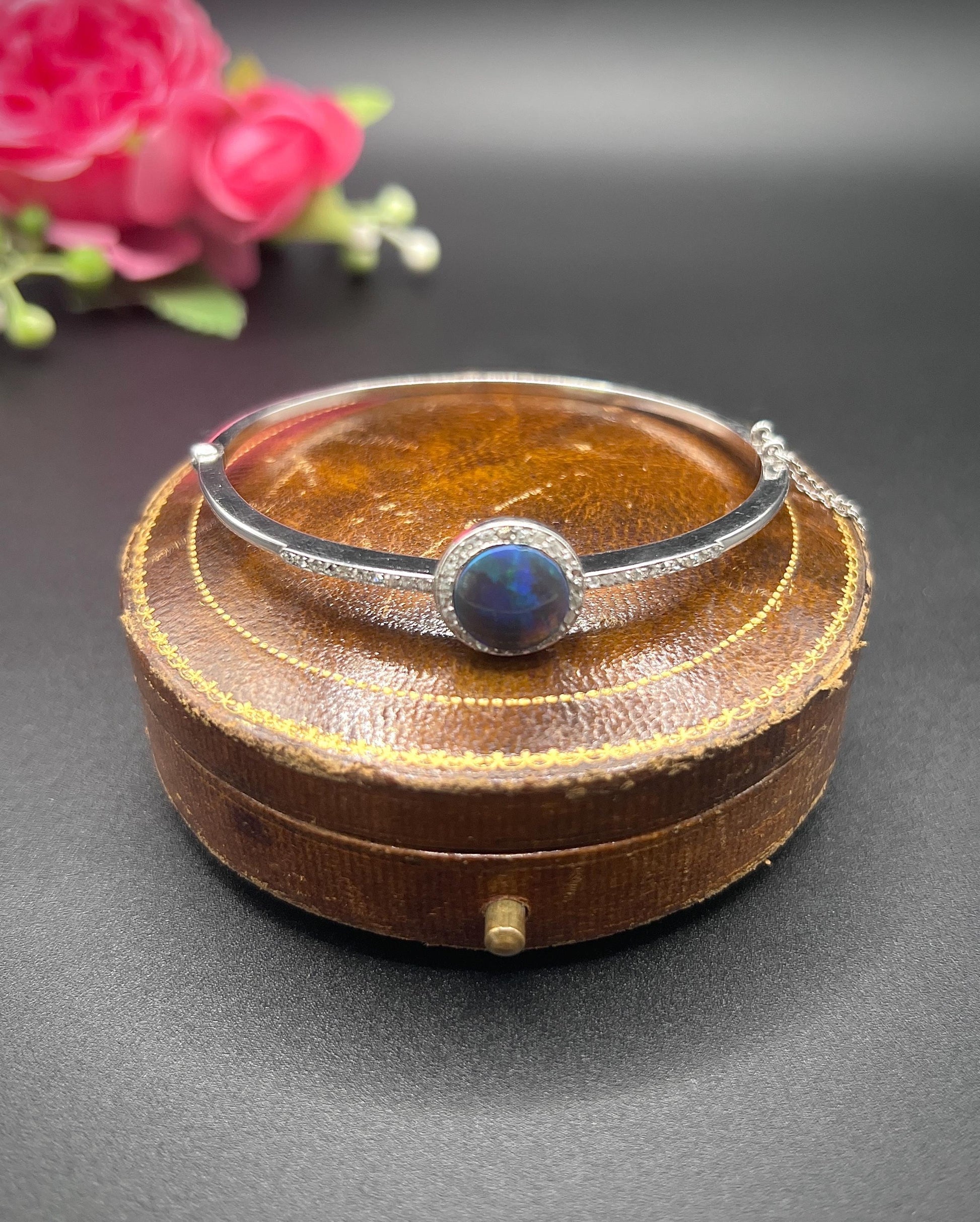 Art Deco Black Opal and Diamond Cluster Bangle Bracelet, Antique Vintage
