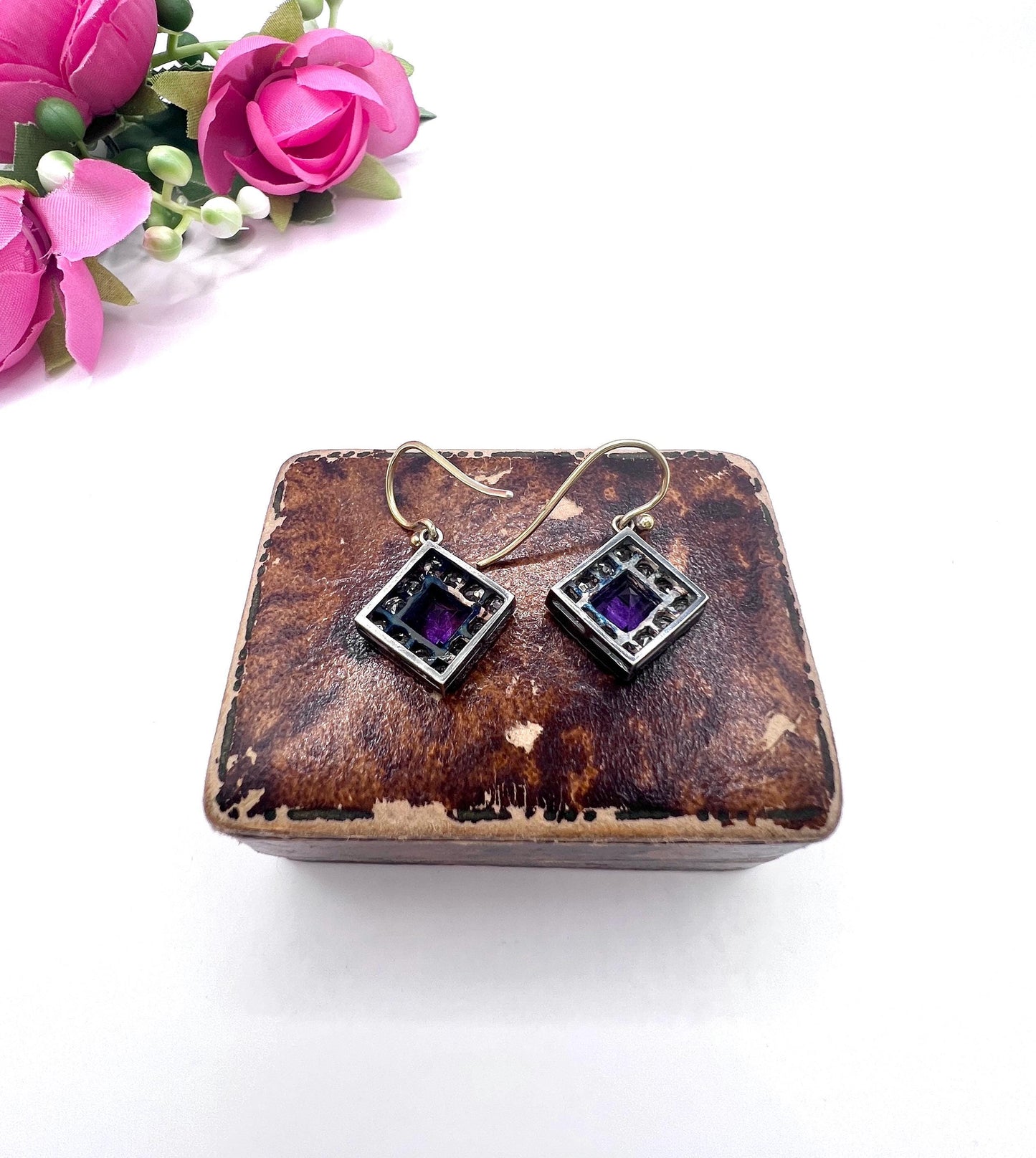 Antique 18ct Gold & Silver, Victorian Amethyst and Diamond Earrings