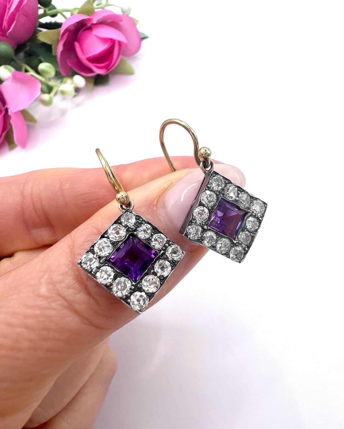 Antique 18ct Gold & Silver, Victorian Amethyst and Diamond Earrings