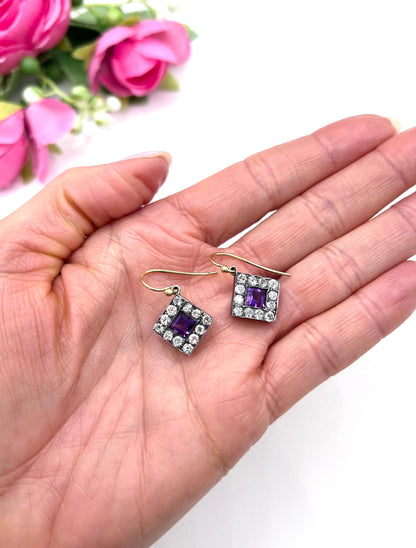 Antique 18ct Gold & Silver, Victorian Amethyst and Diamond Earrings
