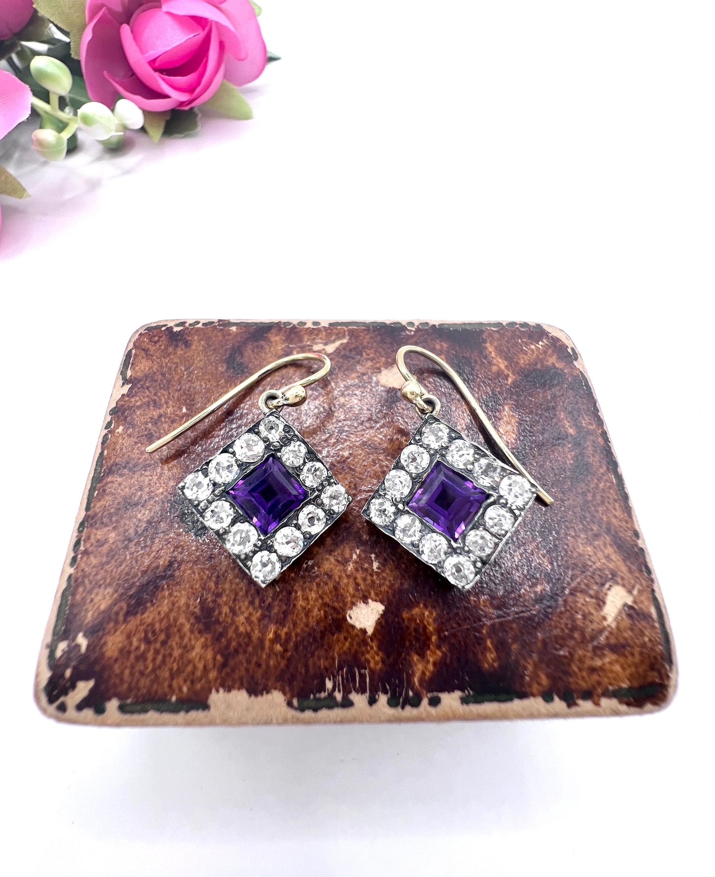 Antique 18ct Gold & Silver, Victorian Amethyst and Diamond Earrings