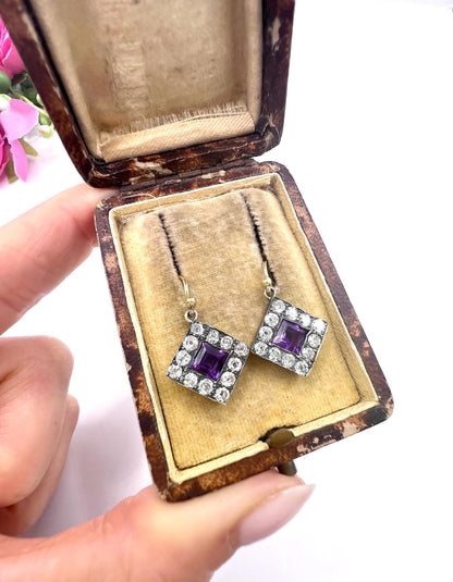 Antique 18ct Gold & Silver, Victorian Amethyst and Diamond Earrings