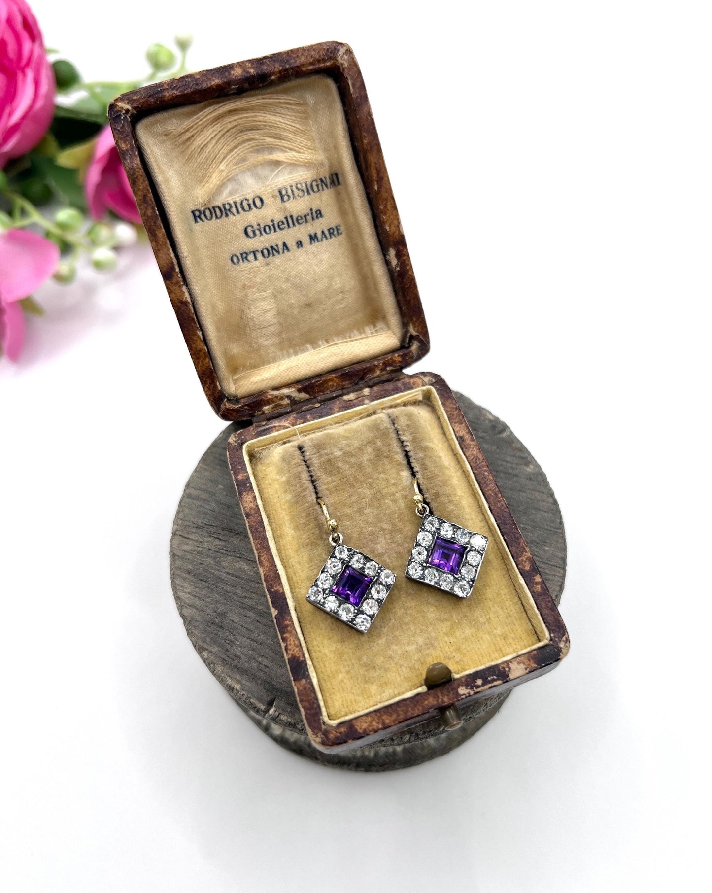 Antique 18ct Gold & Silver, Victorian Amethyst and Diamond Earrings
