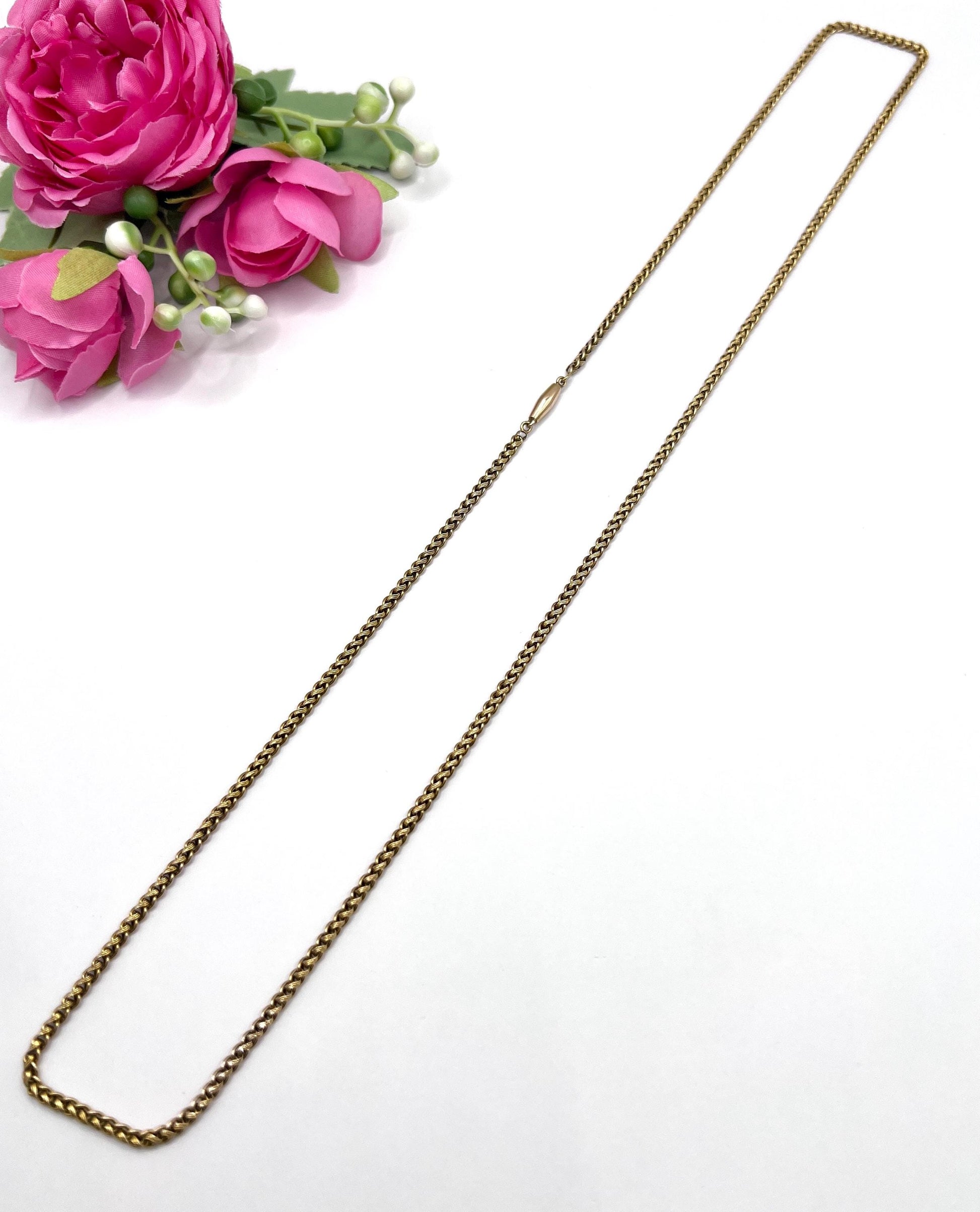 Antique 18ct Yellow Gold, 1920s Fancy Wheat Link Chain, 27 Inch