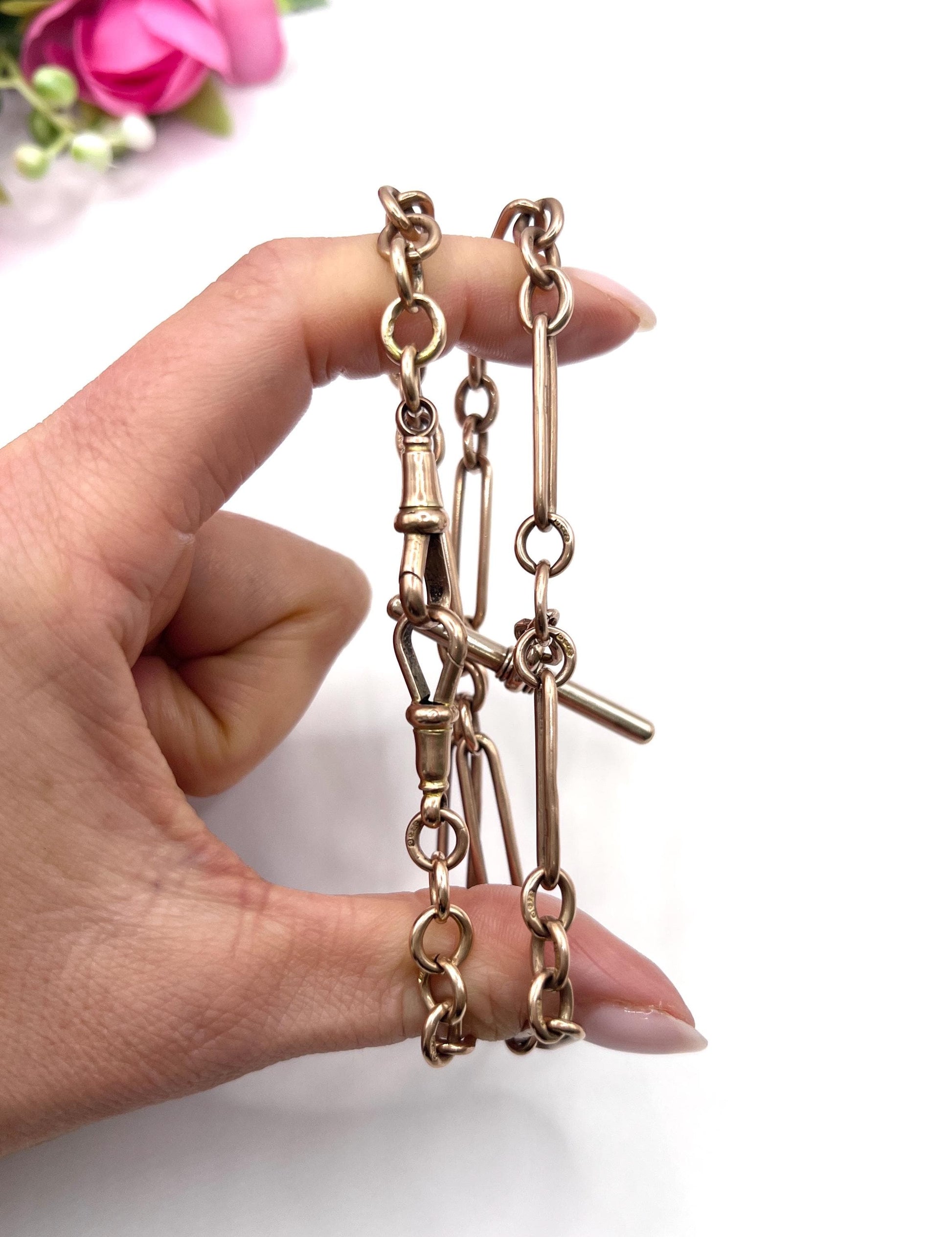 Antique 9ct Rose Gold, Trombone Link Albert Chain Necklace, Hallmarked Birmingham 1920