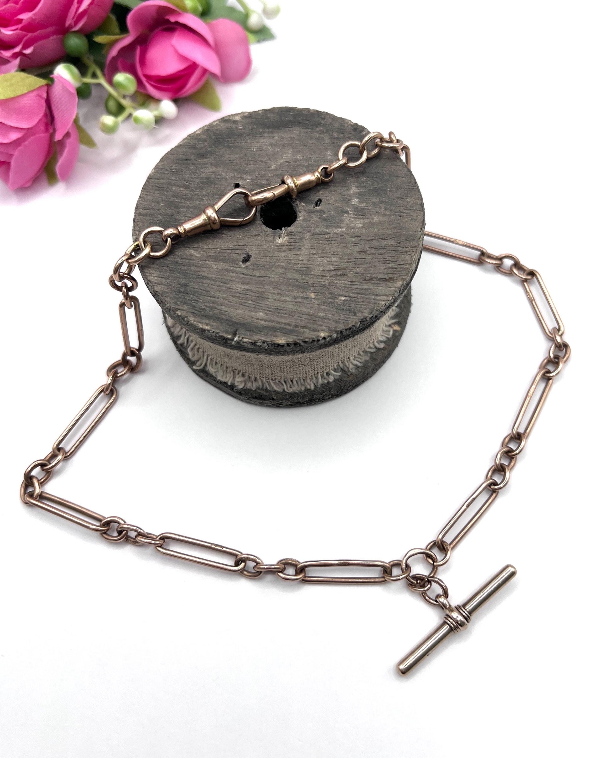 Antique 9ct Rose Gold, Trombone Link Albert Chain Necklace, Hallmarked Birmingham 1920