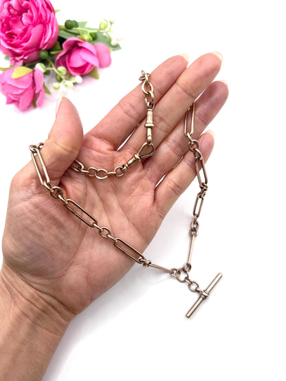 Antique 9ct Rose Gold, Trombone Link Albert Chain Necklace, Hallmarked Birmingham 1920