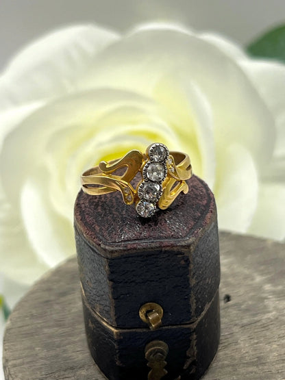 Antique Art Nouveau 14 Carat Yellow Gold Four Stone Diamond Ring