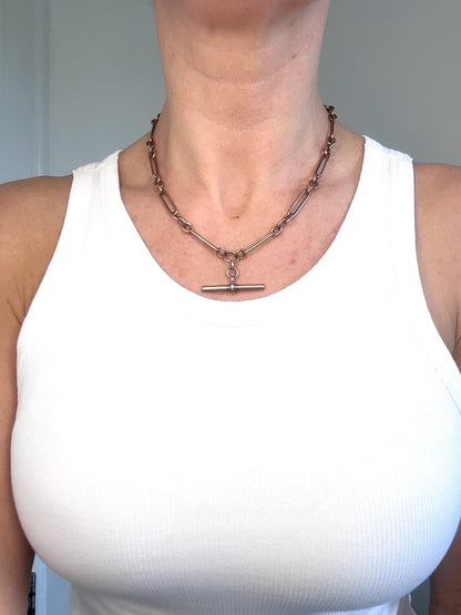 Antique 9ct Rose Gold, Trombone Link Albert Chain Necklace, Hallmarked Birmingham 1920