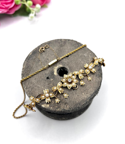 Antique 15ct Yellow Gold, Edwardian era Floral Pearl Necklace