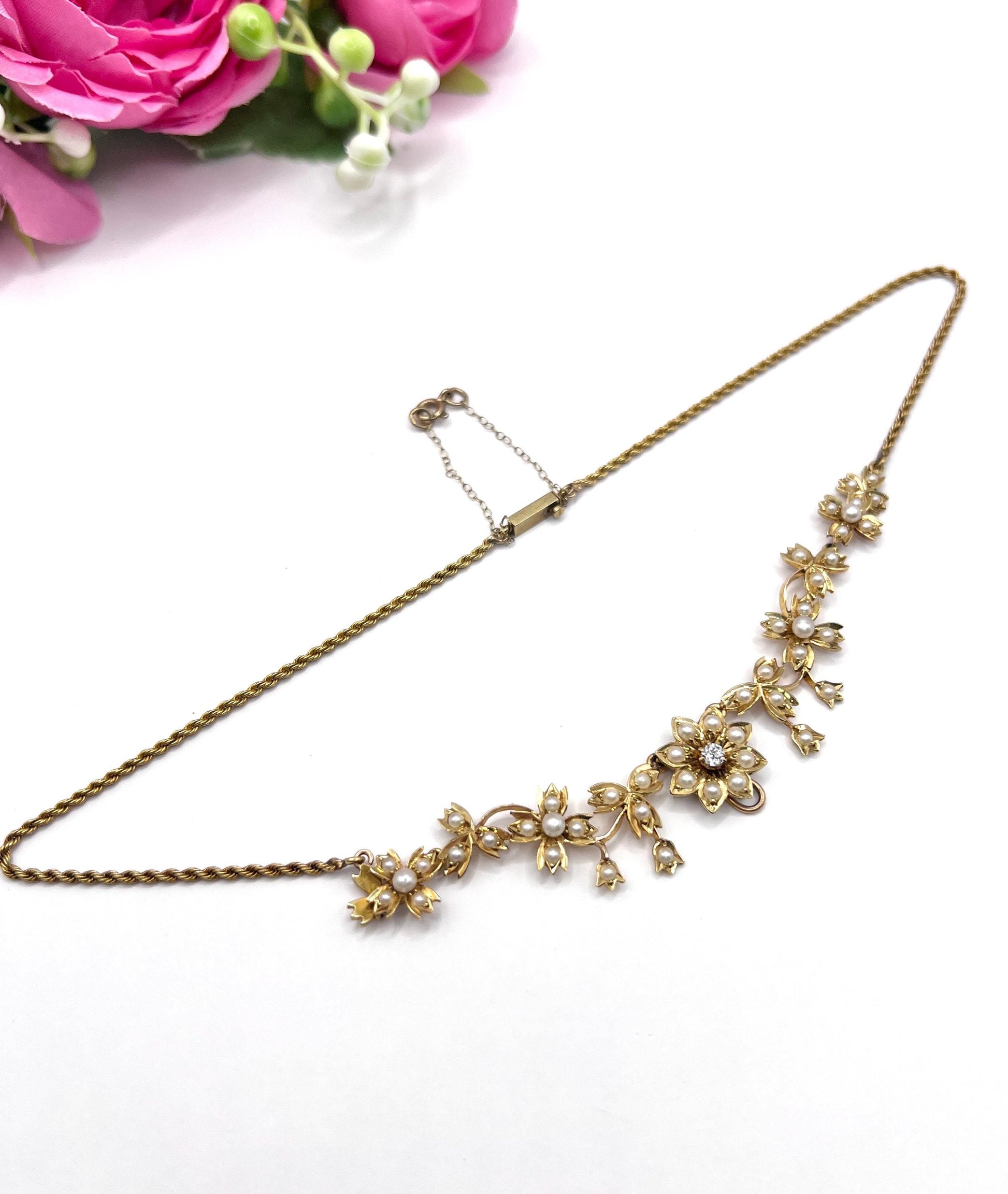 Antique 15ct Yellow Gold, Edwardian era Floral Pearl Necklace