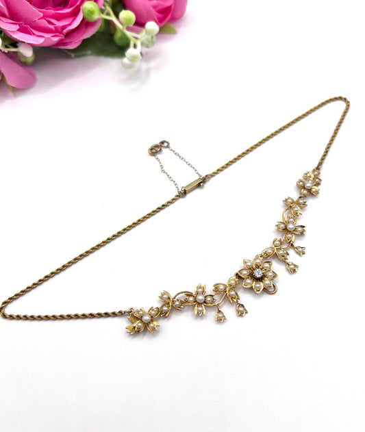 Antique 15ct Yellow Gold, Edwardian era Floral Pearl Necklace
