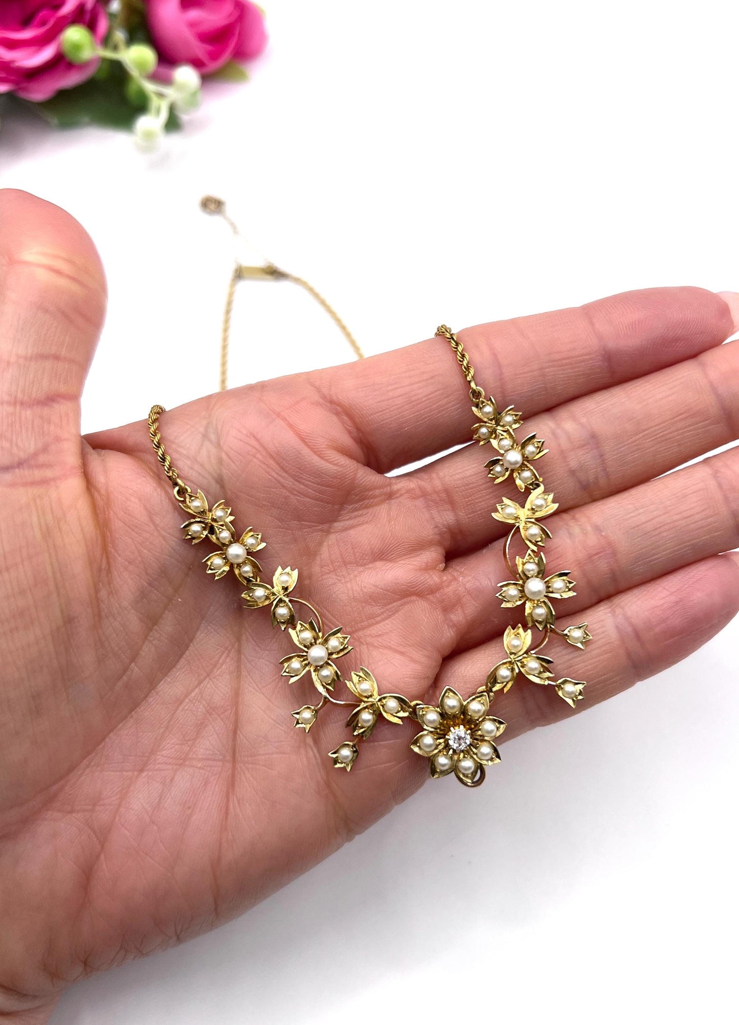 Antique 15ct Yellow Gold, Edwardian era Floral Pearl Necklace