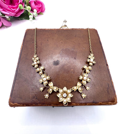 Antique 15ct Yellow Gold, Edwardian era Floral Pearl Necklace