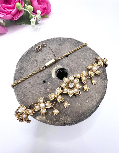Antique 15ct Yellow Gold, Edwardian era Floral Pearl Necklace