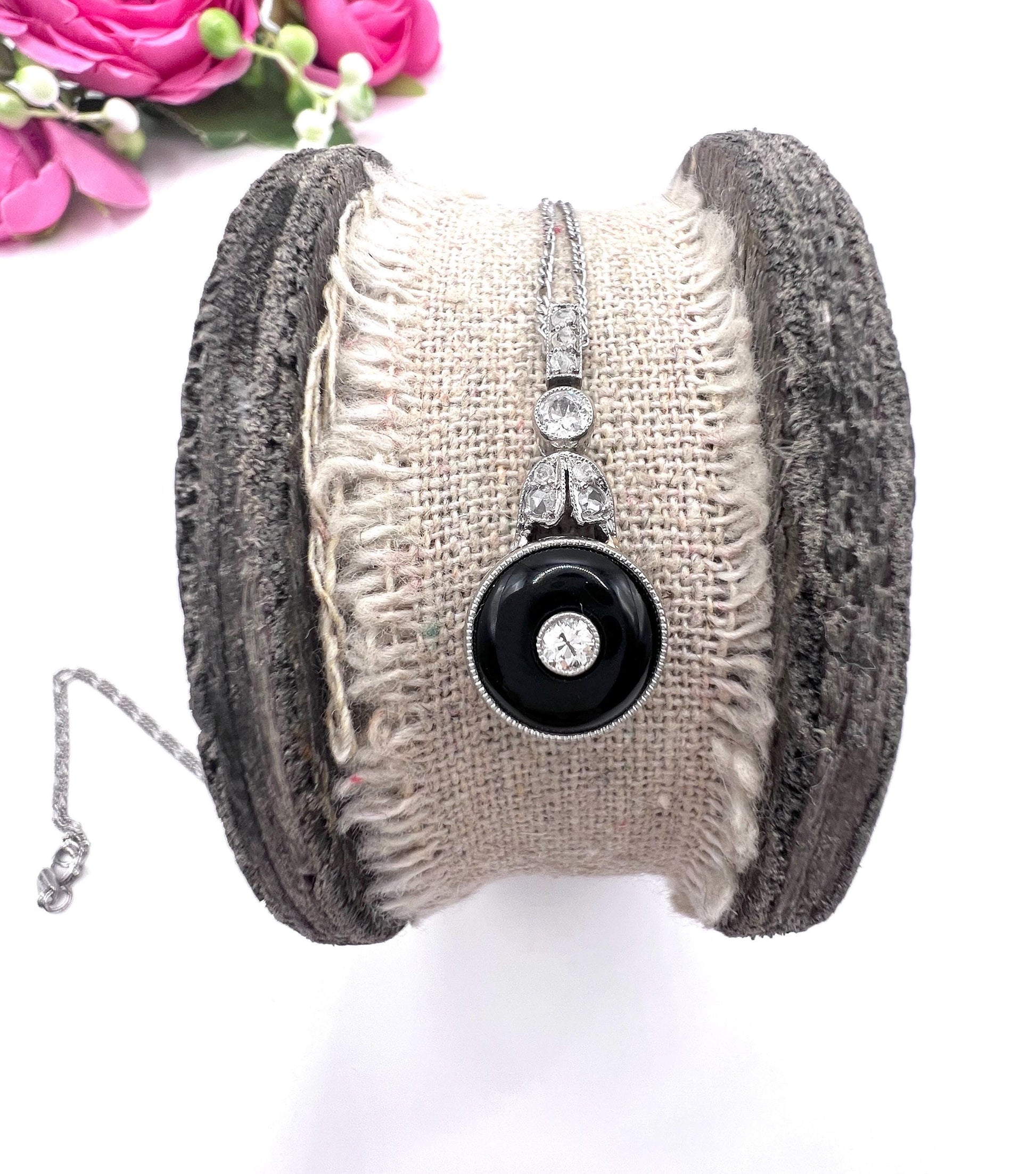 Antique Platinum, 1920s Art Deco Onyx & Diamond Drop Pendant Necklace