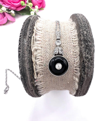 Antique Platinum, 1920s Art Deco Onyx & Diamond Drop Pendant Necklace