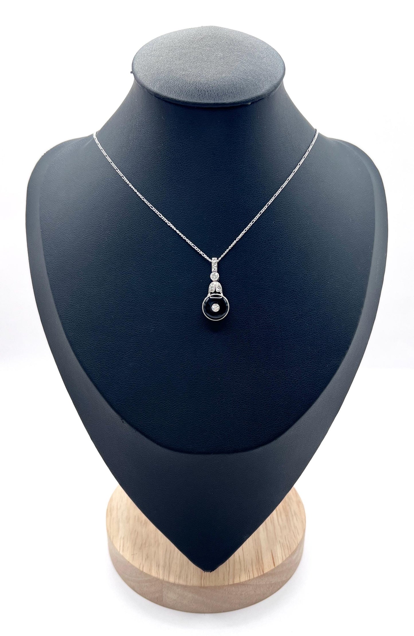 Antique Platinum, 1920s Art Deco Onyx & Diamond Drop Pendant Necklace