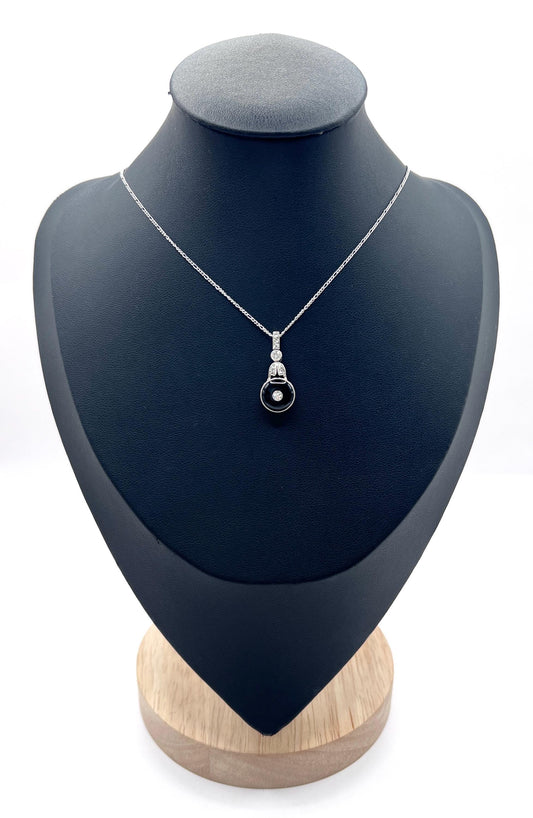 Antique Platinum, 1920s Art Deco Onyx & Diamond Drop Pendant Necklace