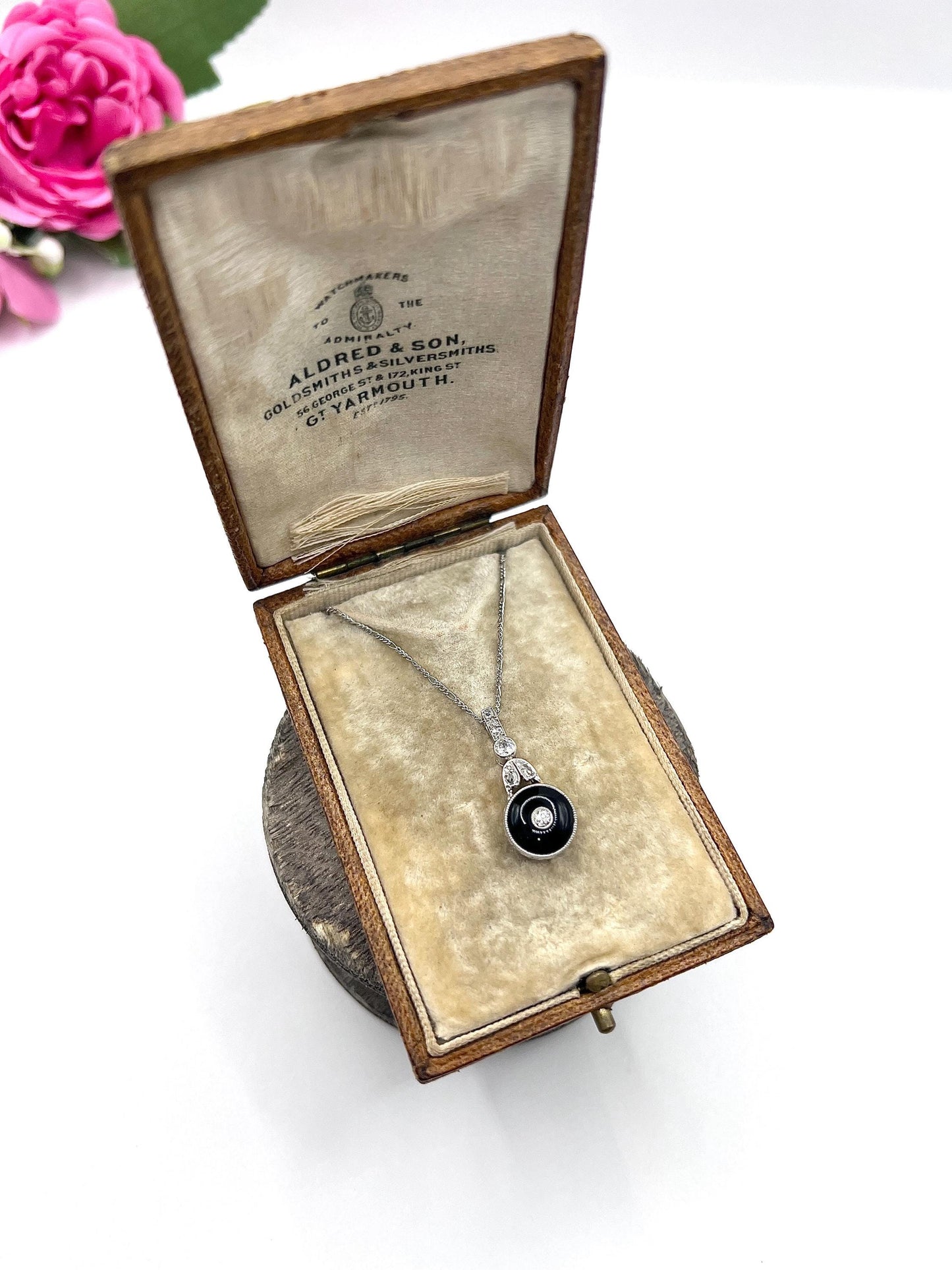 Antique Platinum, 1920s Art Deco Onyx & Diamond Drop Pendant Necklace