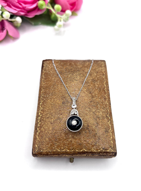 Antique Platinum, 1920s Art Deco Onyx & Diamond Drop Pendant Necklace