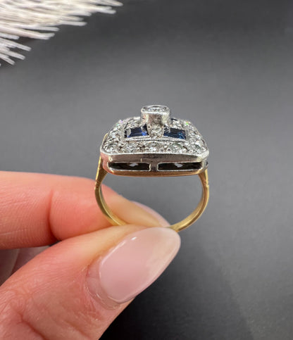 Antique Platinum, Edwardian Sapphire and Diamond Rectangular Shaped Ring