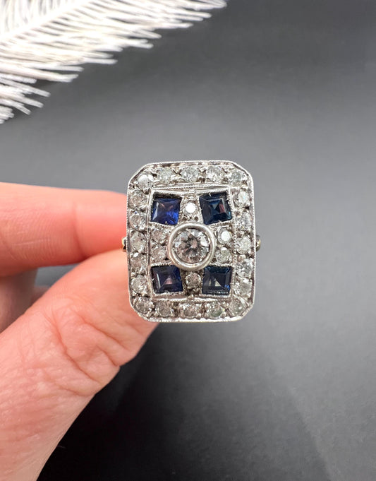 Antique Platinum, Edwardian Sapphire and Diamond Rectangular Shaped Ring