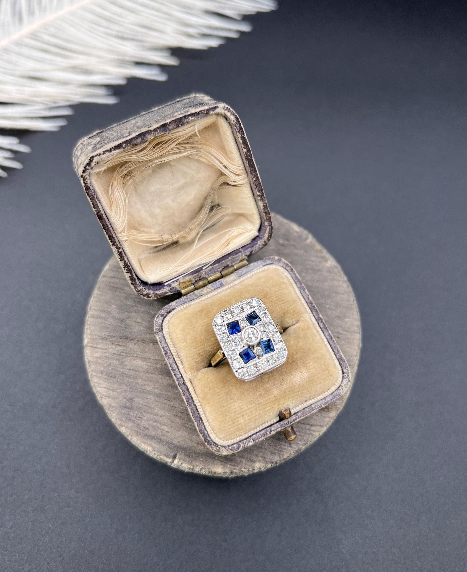 Antique Platinum, Edwardian Sapphire and Diamond Rectangular Shaped Ring