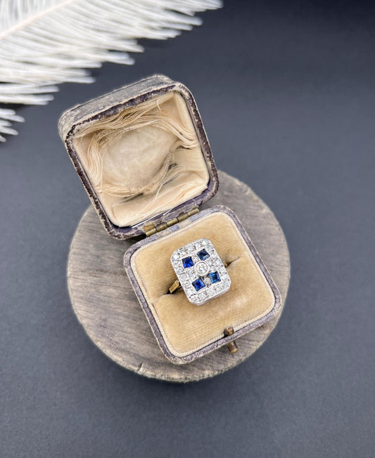 Antique Platinum, Edwardian Sapphire and Diamond Rectangular Shaped Ring